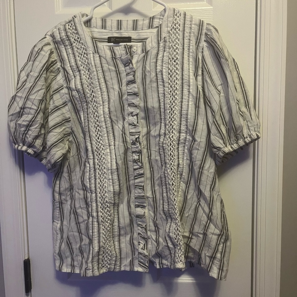 INC International Concepts Womens Blue & Grey Stripe Shirt W/puffy Sleeves XL‎